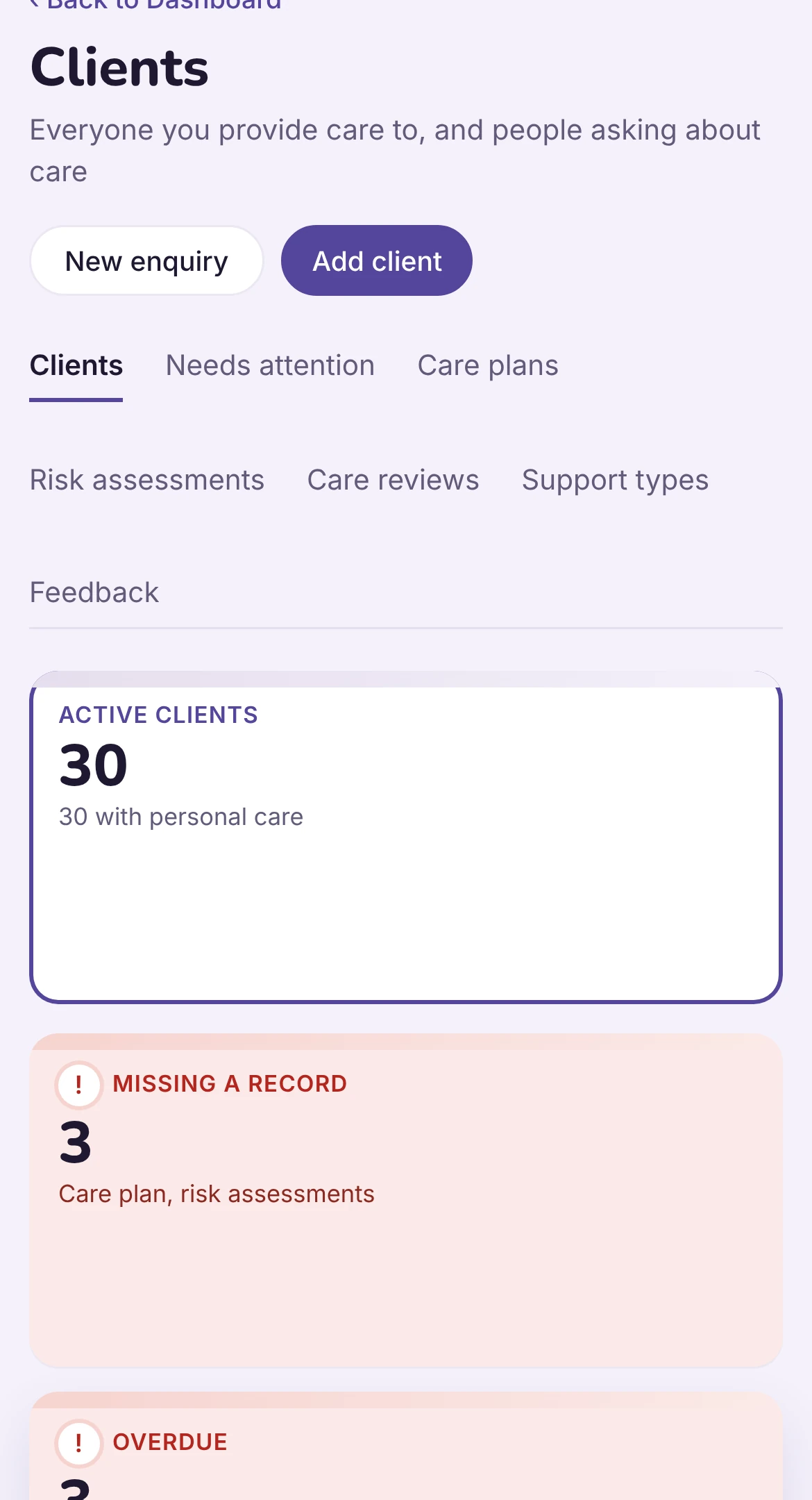 The clients screen: who is missing a record, what is overdue and what is due soon. Example data.