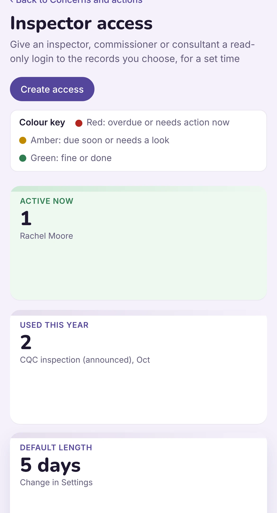 The inspector access screen: who has a login, until when, and what they opened. Example data.
